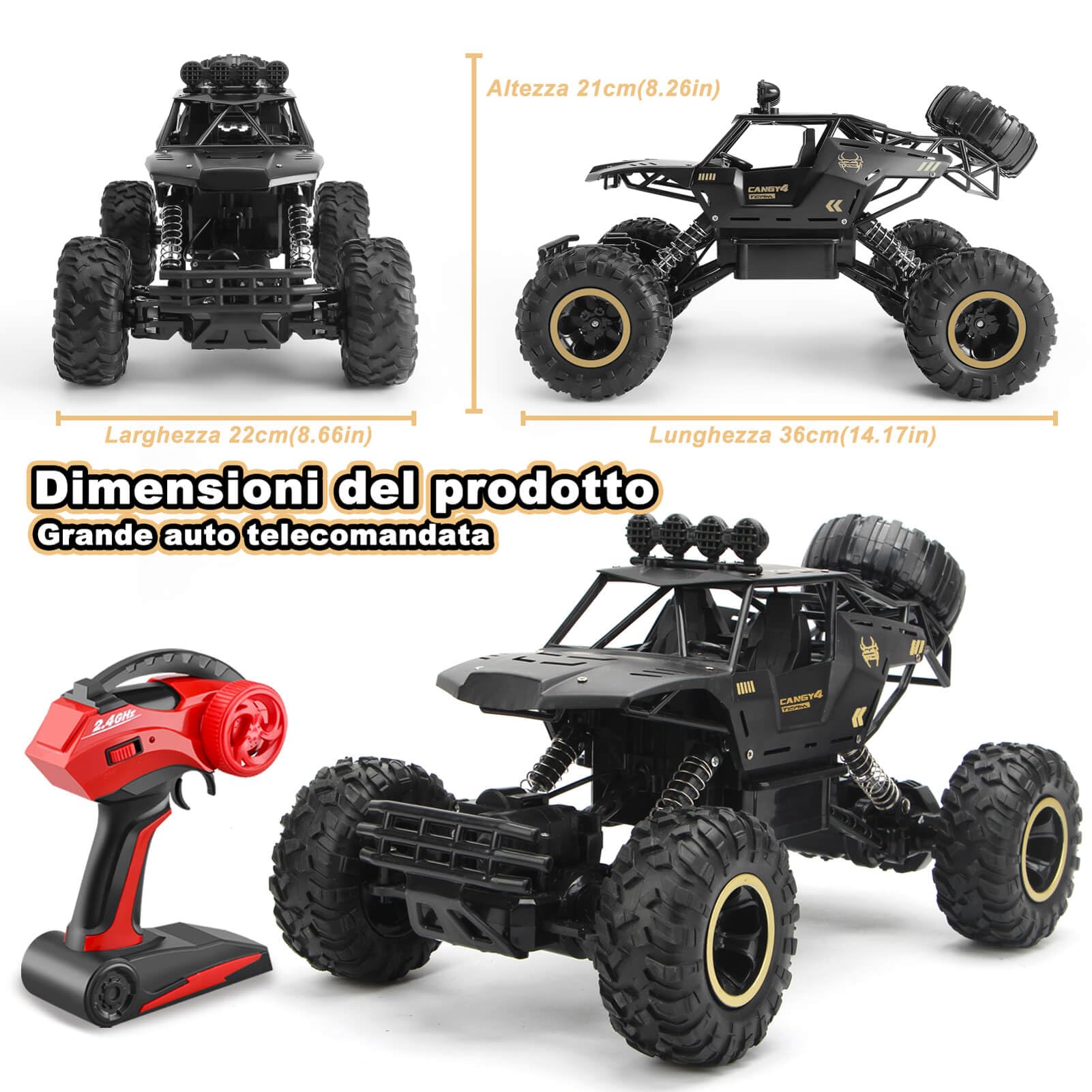 Jiakora 1:12 Grande Macchina Telecomandata, 2.4GHz RC Car Giocattolo Off-road, Auto Telecomandata 4x4 Con Luci LED, Monster Truck, 2 Batterie, Macchina Telecomandata Per Bambini Regalo Bambino Maschio