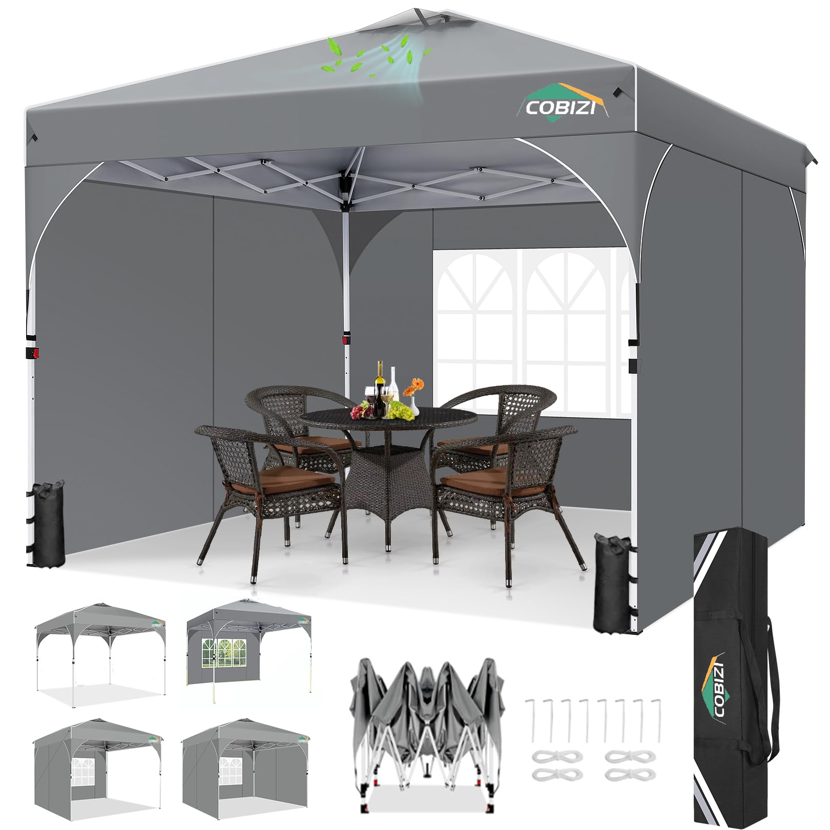 TOOLUCK Pavillon 3x3 Wasserdicht Stabil Winterfest Faltpavillon Gartenpavillon Partyzelt Pop Up Pavillon Klappbar UV Schutz 50+ Höhenverstellbar mit Entlüftung & 3 Stoffstücken&4 Sandsäcke， Grau