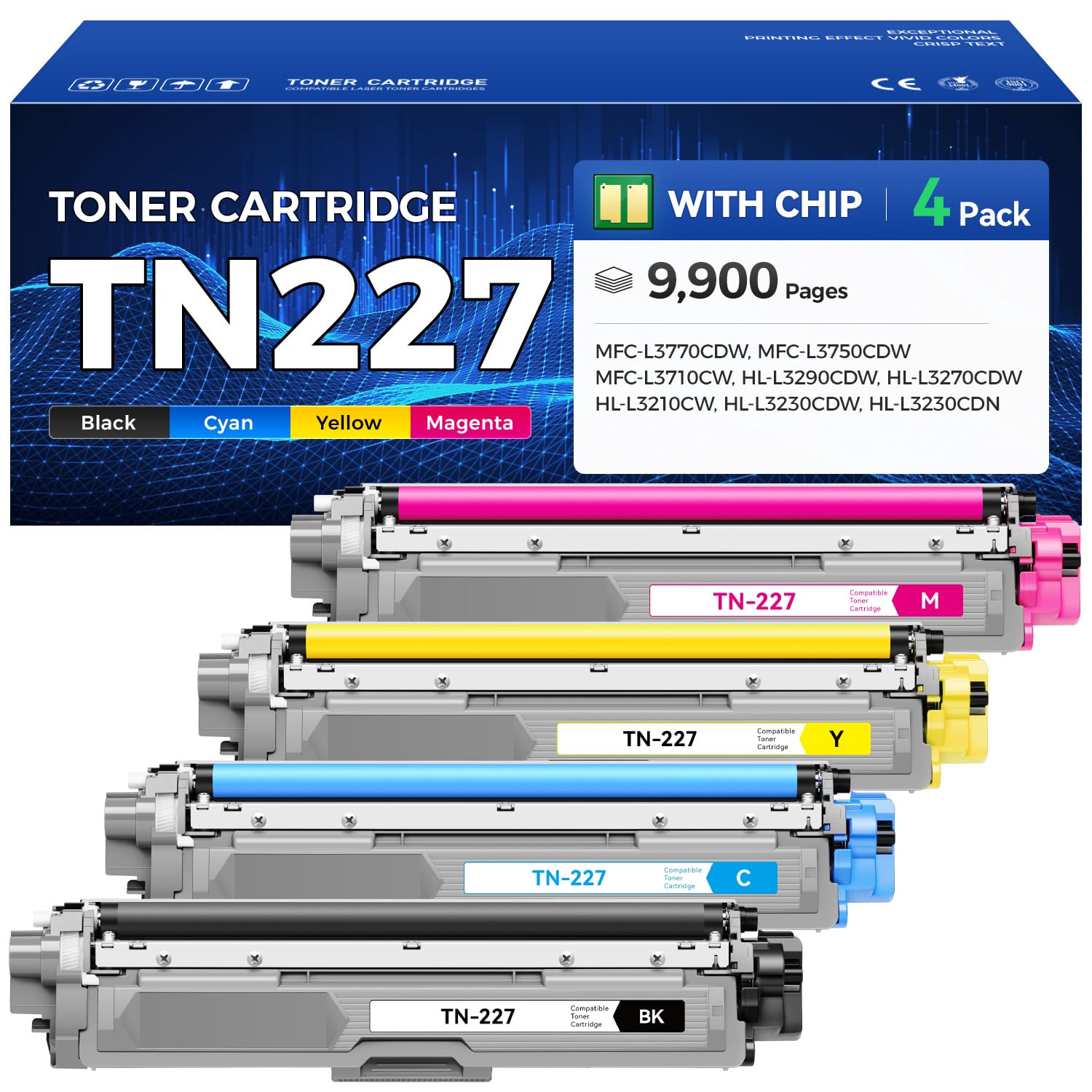 TN227 Toner Cartridge Set 4-Pack Replacement for TN-227 TN223 Compatible with Brother HL-L3270CDW HL-L3210CW MFC-L3710CDW HL-L3290CDW MFC-L3750CDW L3710CW HL-L3230CDW L3230CDN Printer Ink Black Color