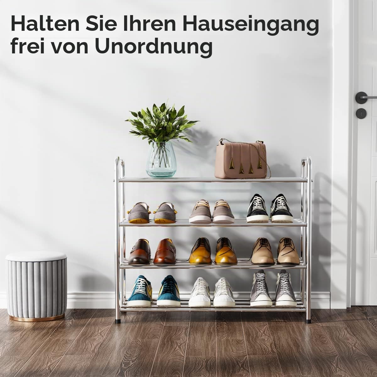 FANHAO Schuhregal, Schuhregale 4 Ebenen Edelstahl, Schuh-Organizer für bis zu 12-16 Paar Schuhe, Schuh Regal für Wohnzimmer, Garderobe und Flur, 68 x 26 x 65 cm