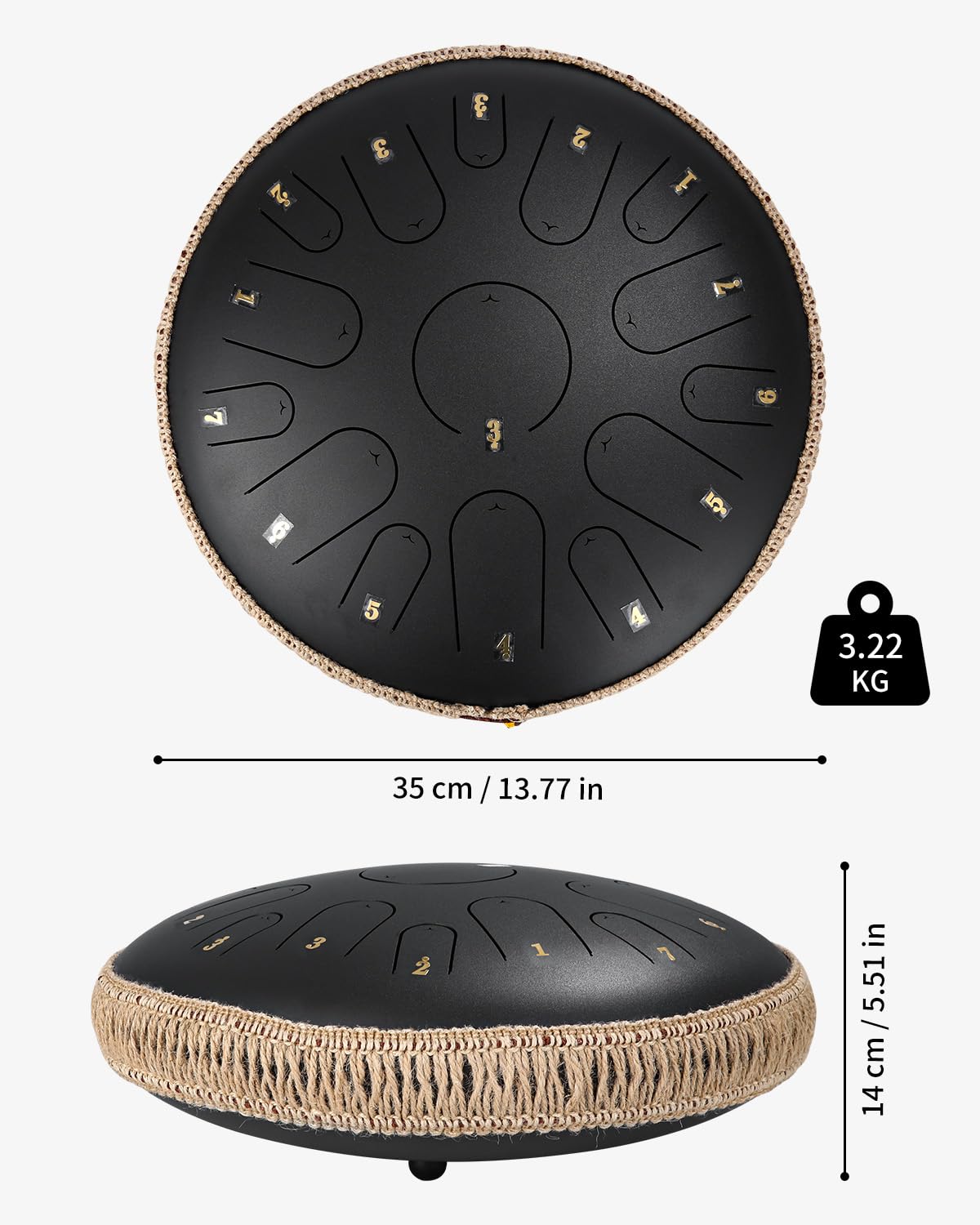 Tambor de Lengua de Acero 14 Pulgadas 15 Notas,Tambor Handpan Instrumento de percusión de Acero Tambor de Mano con Bolsa de Transporte Mazas y Soporte de Mazo para Yoga,Meditación,Alivia el Estrés