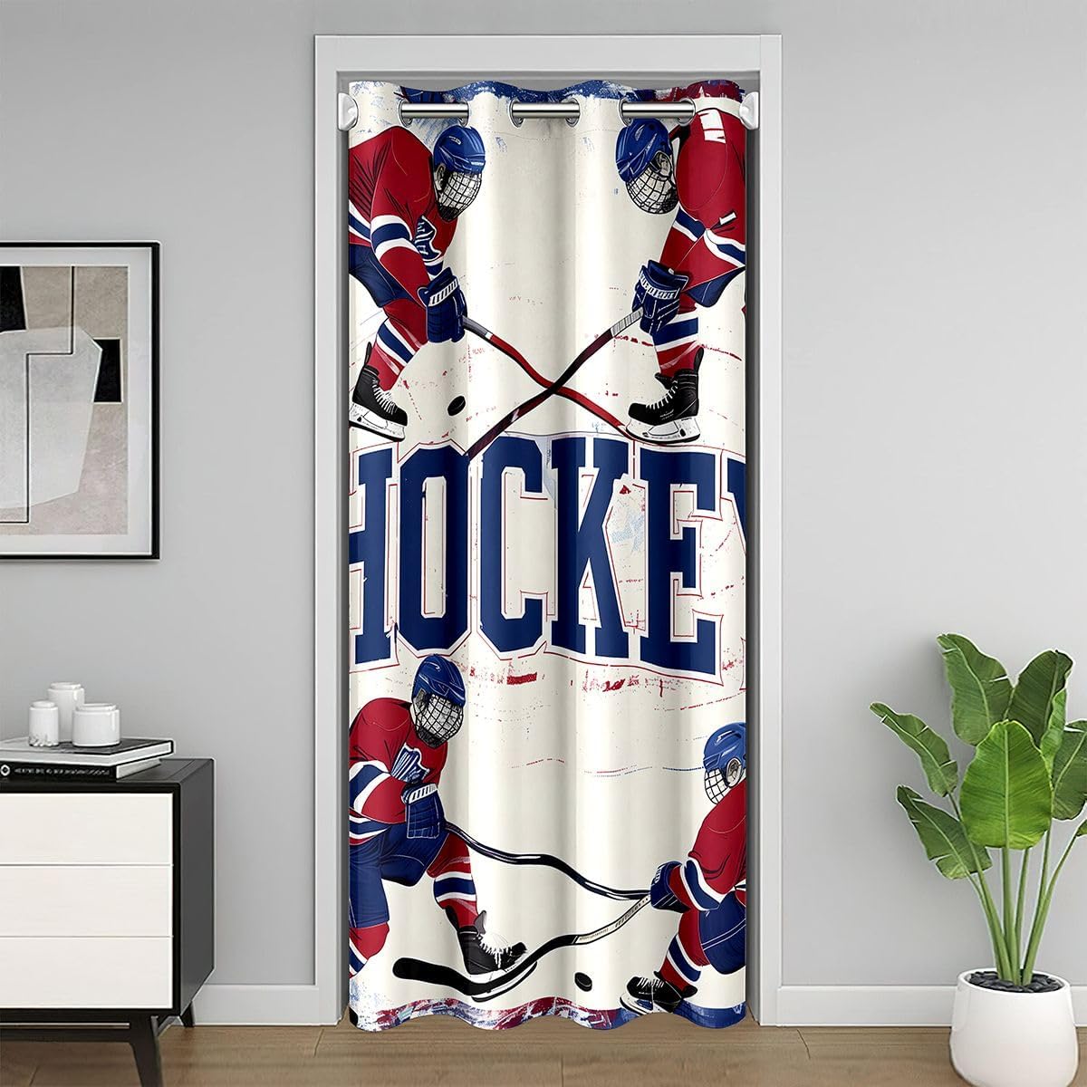 Castle Fairy Hockey Sport Door Curtain (1 Panel),Navy Blue Hockey Stick Puck Doorway Privacy Curtain for Kids Boys Teens Sport Closet Door Curtains Retro Red Bedroom Kitchen Decor,52" Wx80 L