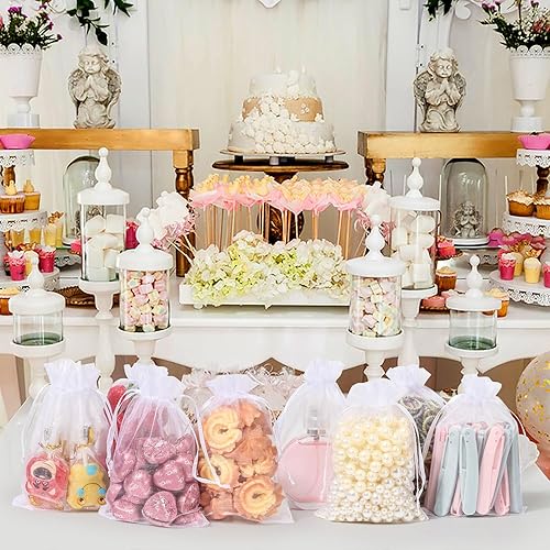 Miniatura 7 de ENNIYU 100 bolsas de organza transparente de alta calidad, bolsas blancas de recuerdo de boda con cordón, bolsas de regalo de joyería de 4 x 6