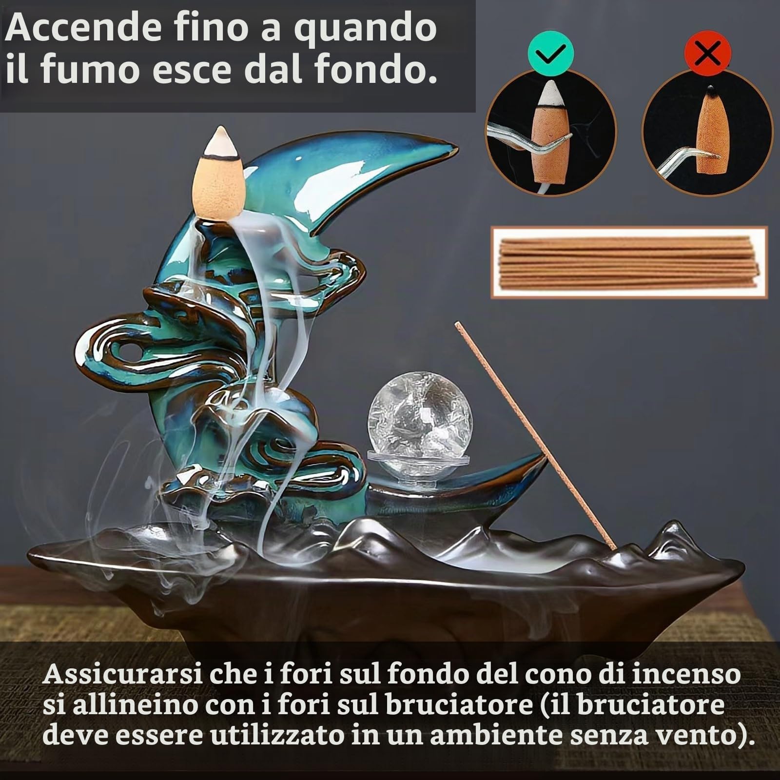 Brucia incenso a Cascata, Porta incenso a riflusso a Cascata,con 60 coni aggiornati+30 bastoncini di incenso, Porta incenso a Cascata,per decorazioni per la casa ornamento
