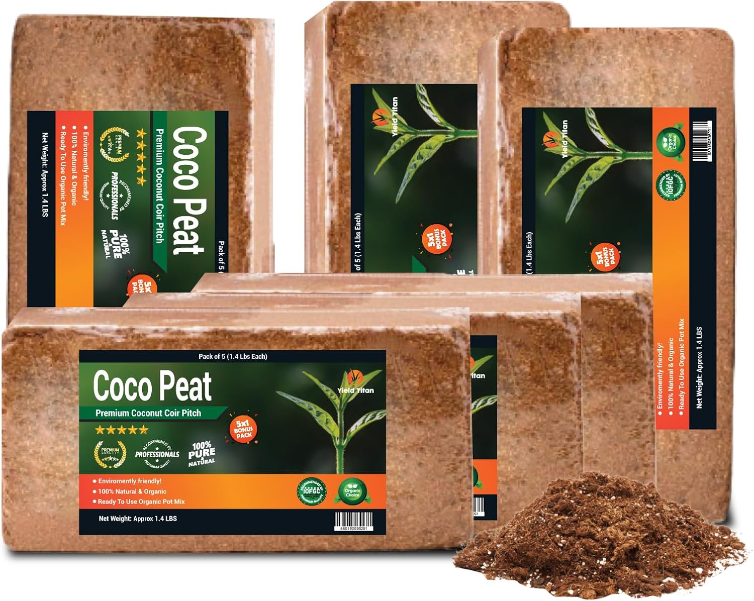 Coco Coir (650 Grams, 5+1 Bricks) - Compressed Coco Coir Bricks with Low EC and pH Balance - High Expansion Coco Fiber for Herbs, Flowers, Planting - Renewable Coconut Soil (Pack of 5+1 Bonus Brick)