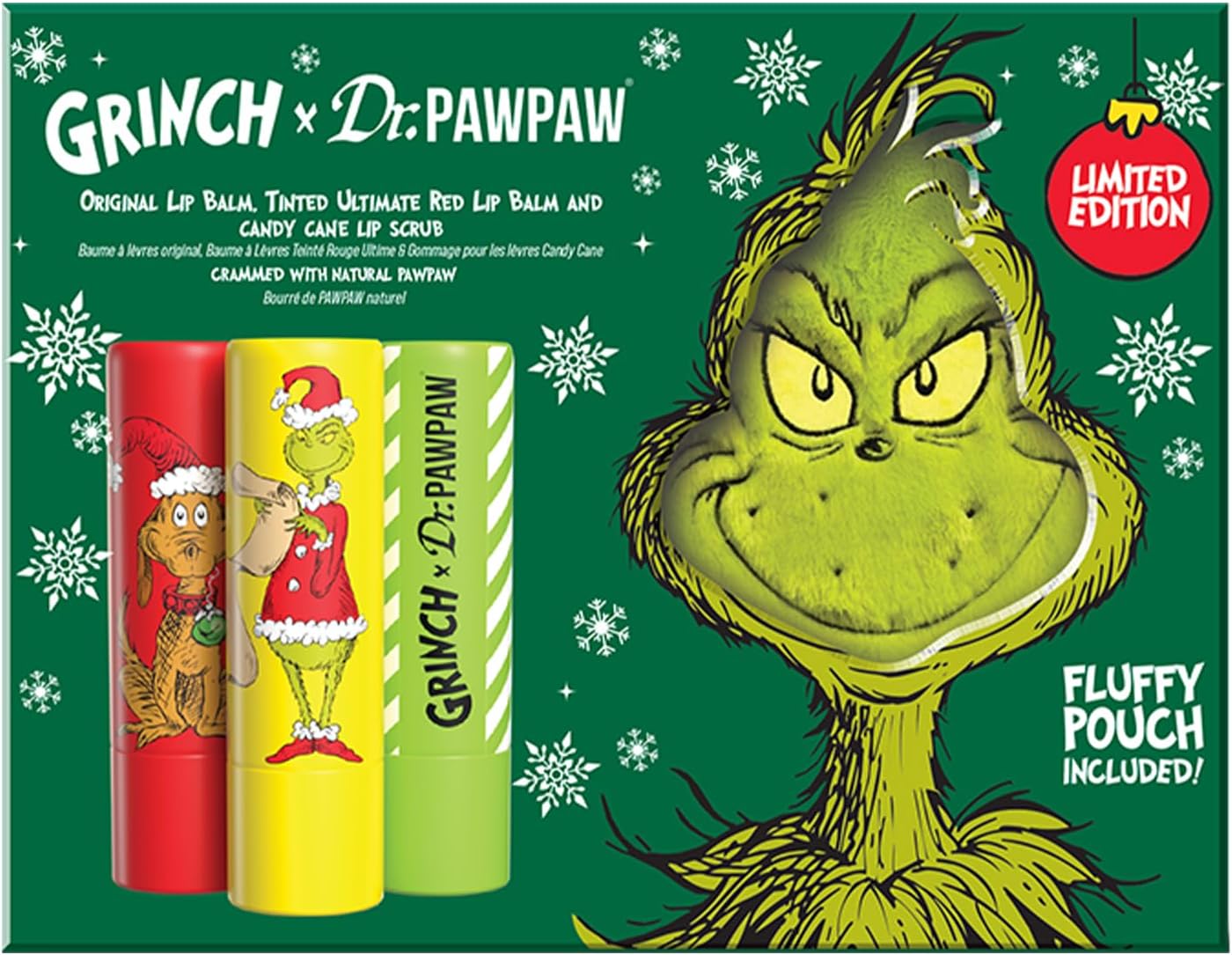 Dr. PawPaw The Grinch Set - Original, Ultimate Red, Candy Cane with Grinch Pouch - Lip Scrub and Natural Lip Balm - Exfoliating, Moisturizing - 4 pc