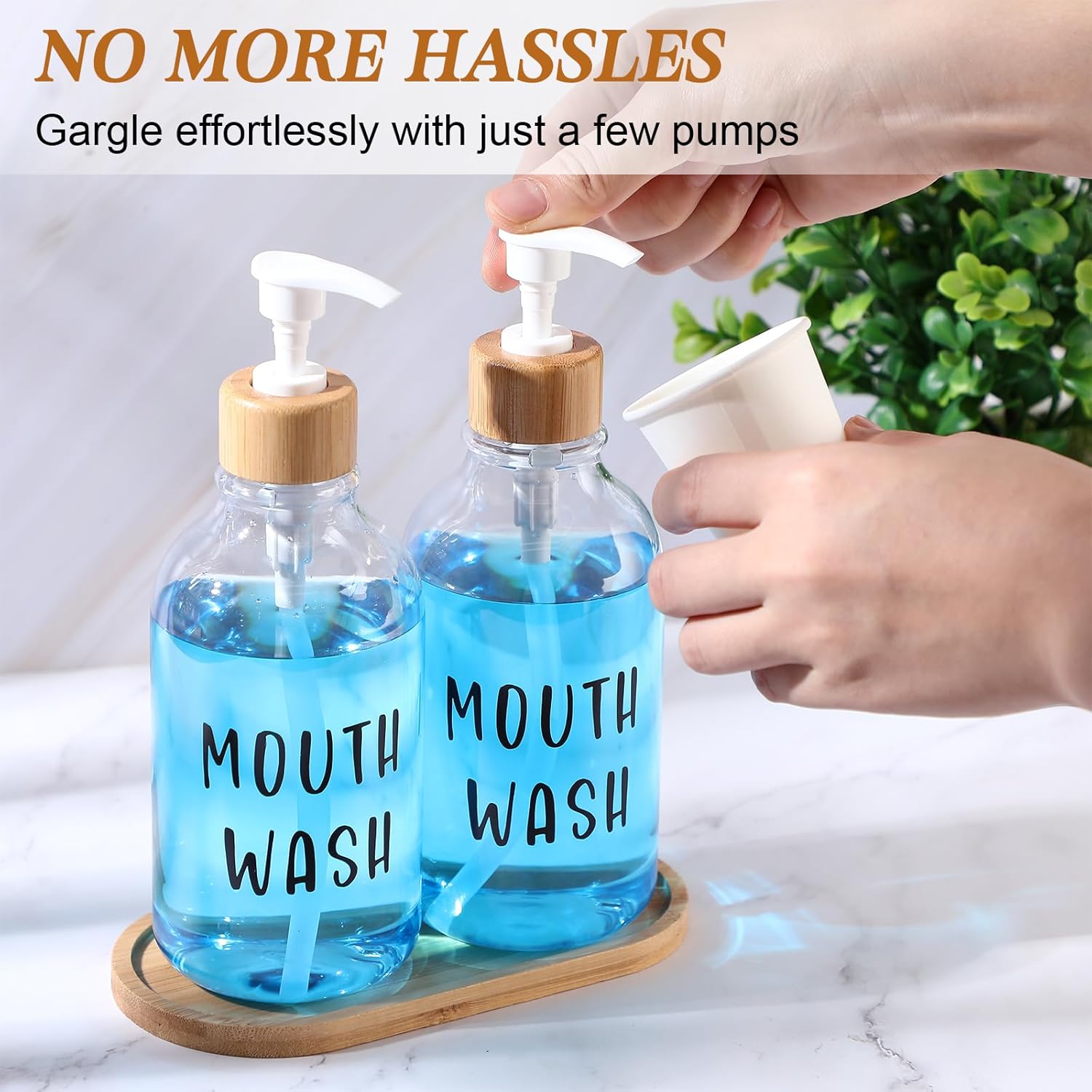 2 Sets Mouthwash Dispenser for Bathroom 17 Oz Refillable Mouth Wash Pump Bottle Paper Cup Holder with Bamboo Lid and Tray Clear Mouthwash Container for Bathroom Vanity Kitchen Sink - Image 6
