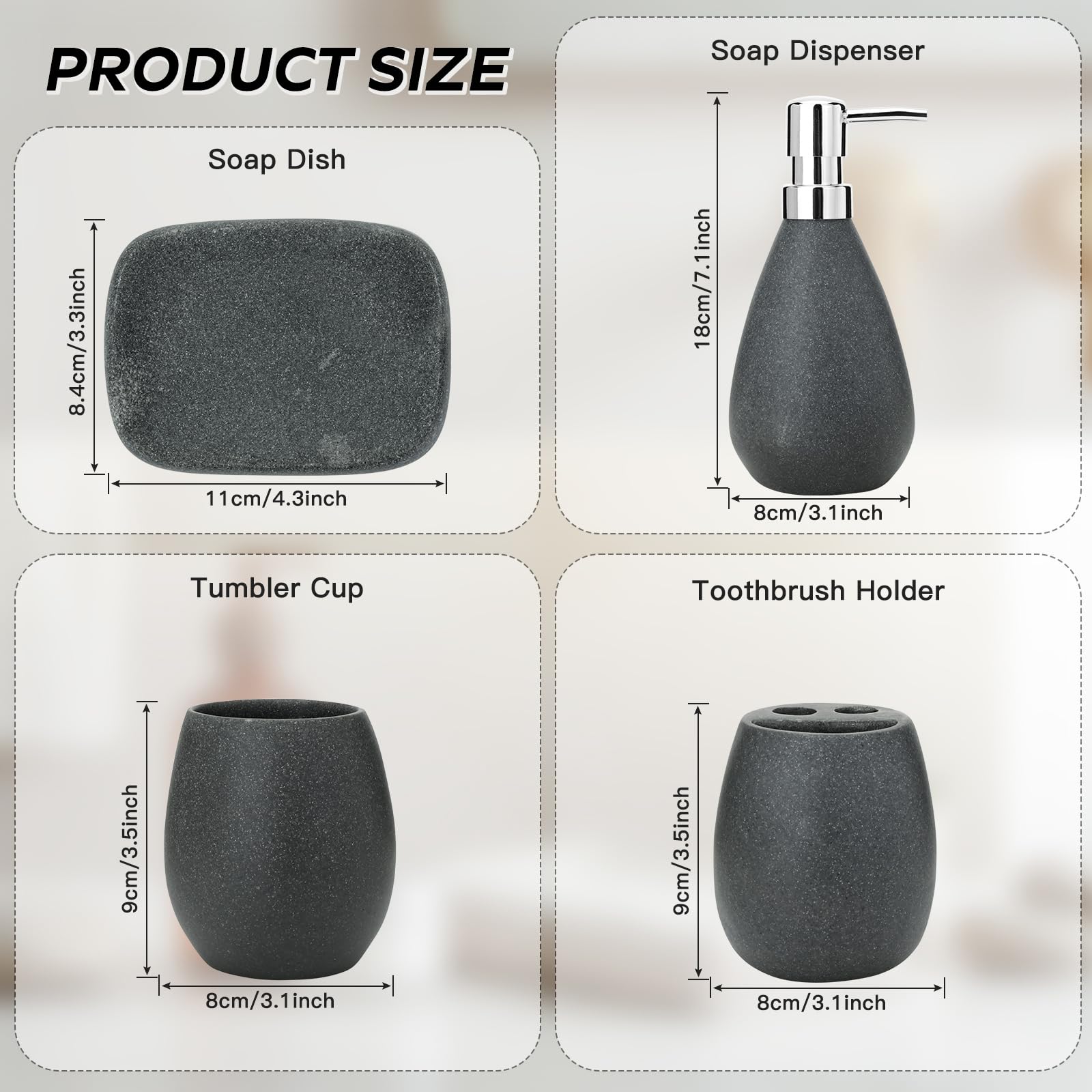 JOTOM Juego de 4 accesorios de baño modernos de lujo, juego de baño para dispensador de baño, soporte para cepillo de dientes, vaso de enjuague bucal, jabonera, color negro