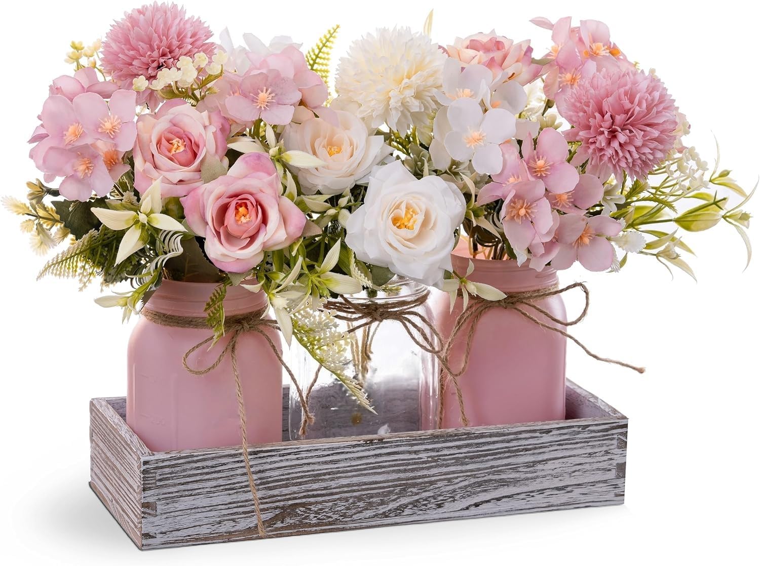 LUEUR Mason Jar Lights Centerpiece with Farmhouse Wood Tray – 3 Jars with Pink Rose Spring Flowers, Rustic Spring & Wedding Decoration for Dining Table, Coffee Table, Kitchen & Living Room