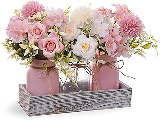 LUEUR Mason Jar Lights Centerpiece with Farmhouse Wood Tray – 3 Jars wit...