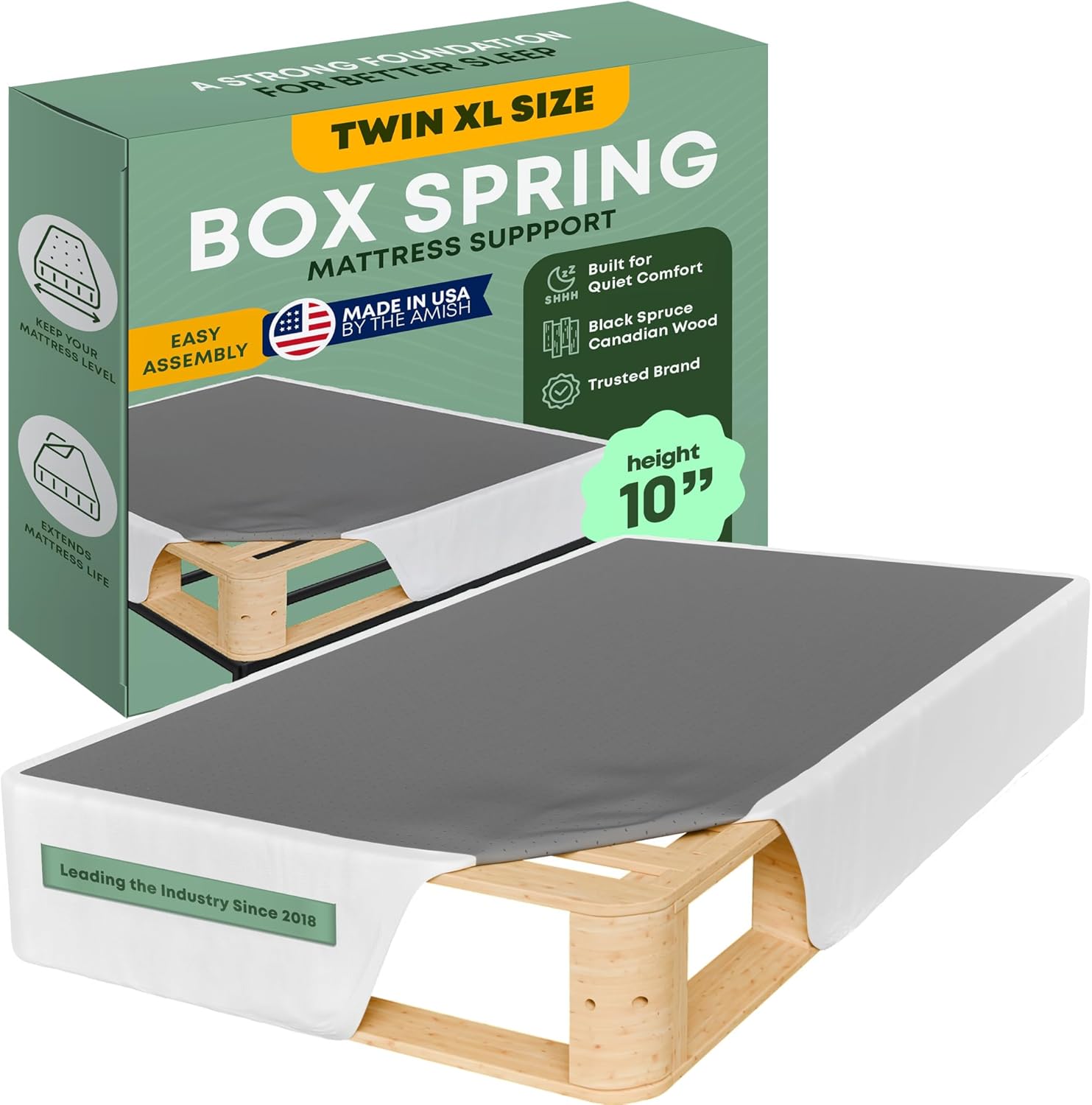 (Similar to stock photo) Greaton, Unassembled Twin XL Box Spring for Twin XL Bed – 10-Inch Wood Box Spring Only – Amish Made in USA – Quiet Noise-Free Replacement Mattress Foundation – Packed Flat, Easy Assembly (White) Twin XL 10\" Foundation