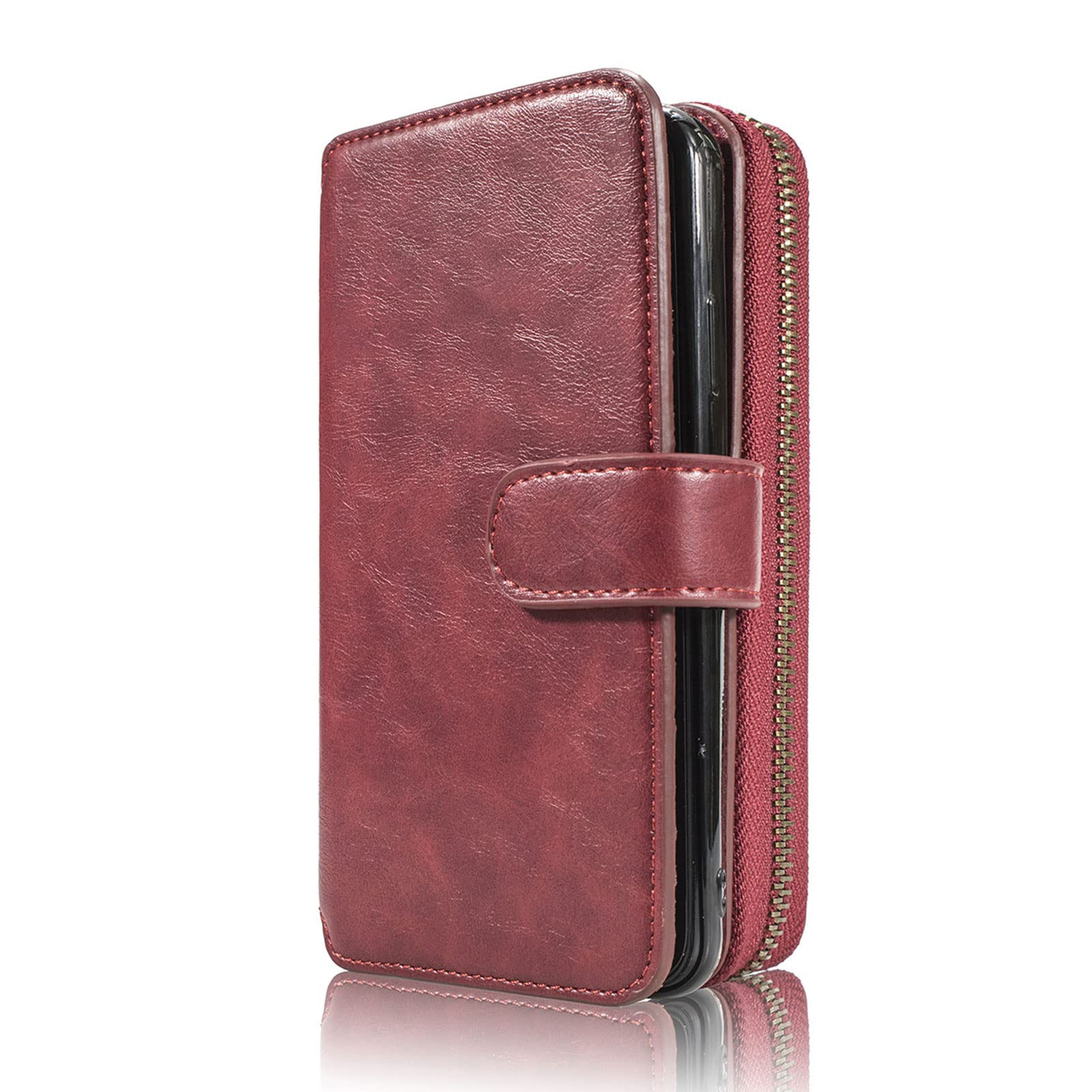 Etui do iPhone 14 / 14 Pro / 14 Plus / 14 Pro Max, skórzane etui portfelowe w stylu retro, zamek błyskawiczny, etui na telefon komórkowy, skóra PU, z klapką, bumper, z 8 przegródkami na karty, funkcja stojaka, czerwone, 14 Pro Max 6,7"