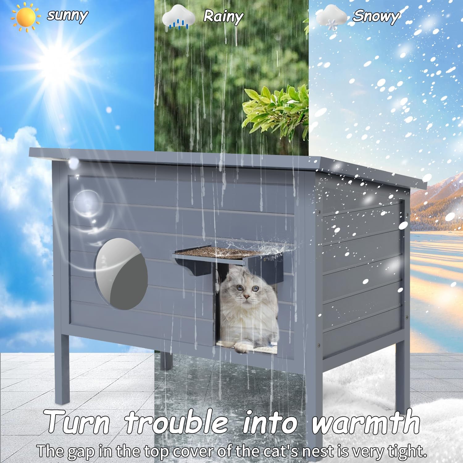review Outdoor Cat House Insulated Weatherproof Feral Cat Shelter for Winter Outside Heated Cat Condos with Cat Heating Pad Warm Wooden Pet House for Cats, Grey