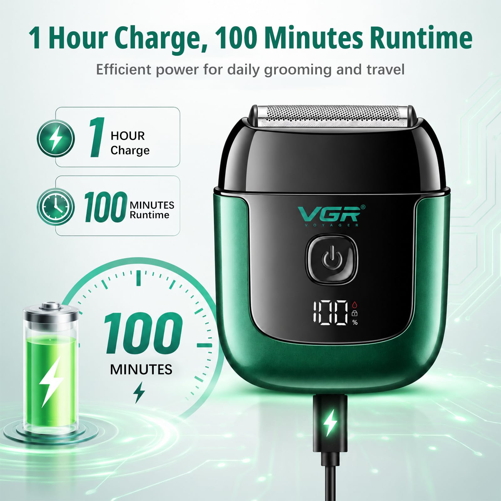 VGR 380 Rasoio elettrico portatile Mini con lamine flessibili, impermeabile IPX6, ricaricabile tramite USB, con display a LED e blocco di sicurezza per il viaggio,verde