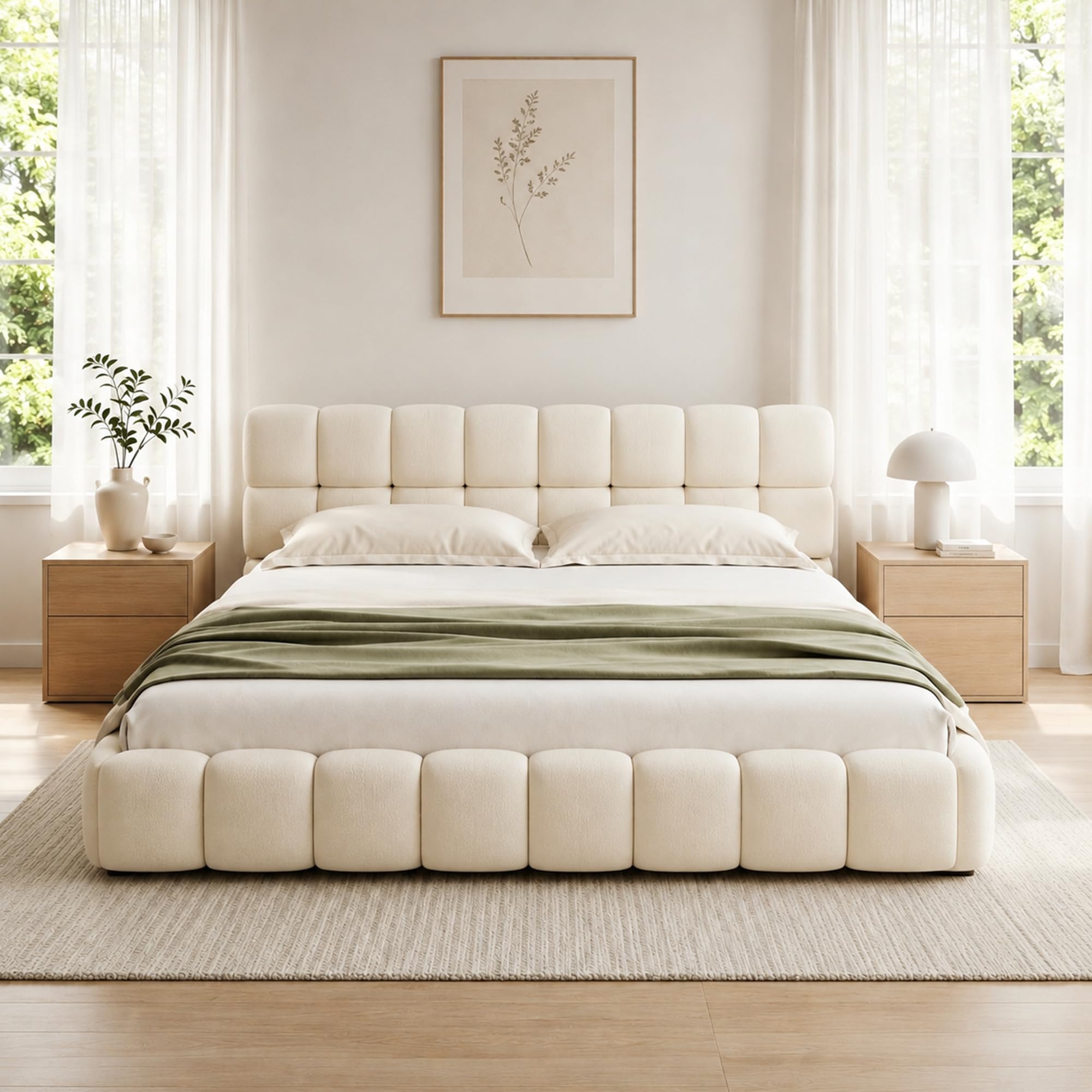 DULRLLY Bubble Bett 140x200, Bett 140x200 mit Lattenrost, Jugendbett mit Gepolstertes Kopfteil, Bettgestell für Schlafzimmer und Gästezimmer, ohne Matratze, Leinenstoff (Beige)