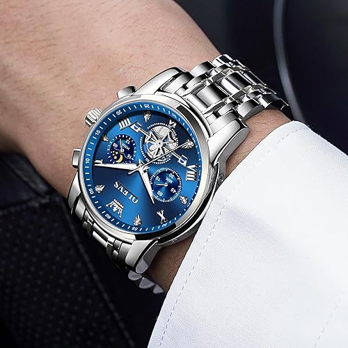 Miniatura 8 de OLEVS Reloj cronógrafo de acero inoxidable para hombre, cara grande, fácil de leer, números romanos con detalles de diamante, relojes de vestir