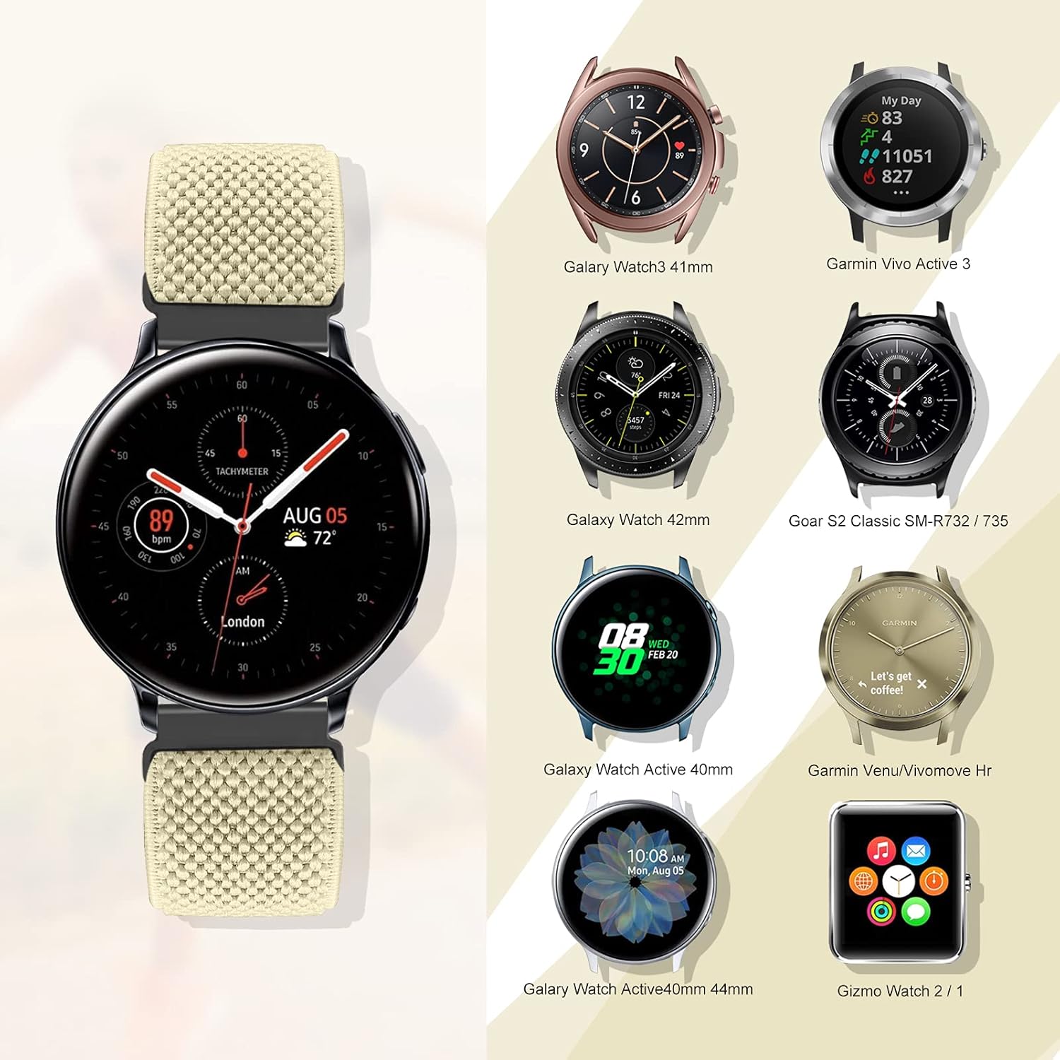 Neoxik 20mm Watch Band Quick Release Sport Compatible with Samsung Watch 3 41mm/Active2 44mm 40mm /Galaxy Watch 42mm/Garmin vivoactive 3/Forerunner 645/ Nylon Elastic Breathable Replacement Straps : Cell Phones & Accessories
