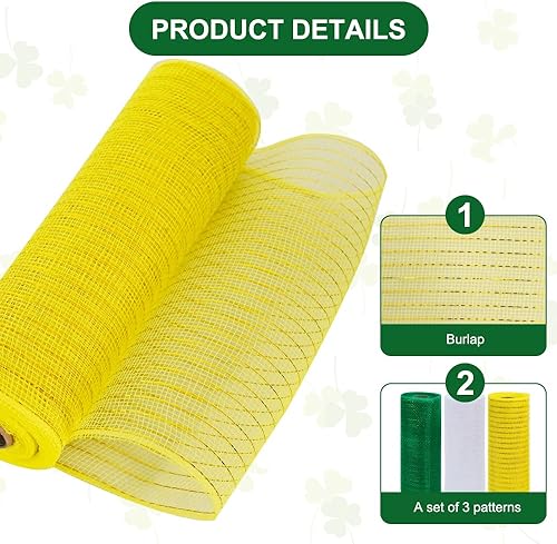 Miniatura 2 de TONIFUL 3 rollos de cintas de malla decorativas verdeblancoamarillo de 10 pulgadas, malla de tela con papel de aluminio para árbol, hogar, coronas,