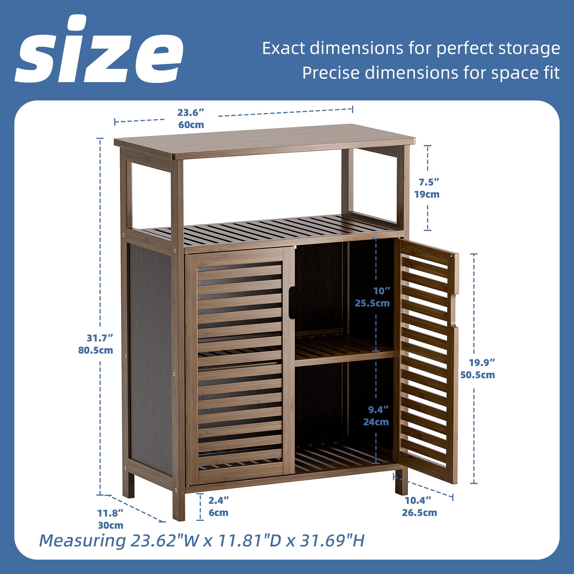 HITNET Mueble Baño Bambu, Armario Bajo Baño Auxiliar, Gabinete de Almacenamiento Independiente con Doble Puerta y Compartimentos Abiertos, para Sala de Estar, Cocina, Entrada, Nogal