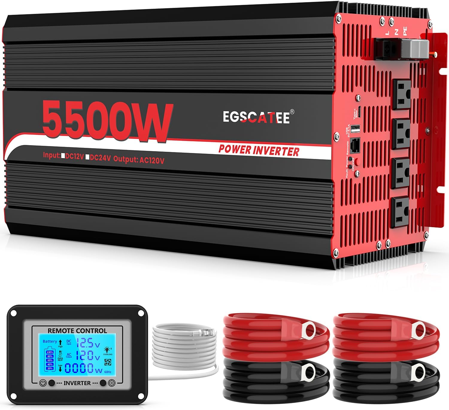 5500W Energy Inverter 12V DC to 120V AC Converter for Truck, House, RV, Peak 11000W Off-Grid Photo voltaic Energy Inverter with 4 AC Shops, USB Port,Sort-C Port, Distant Controller with LCD Display