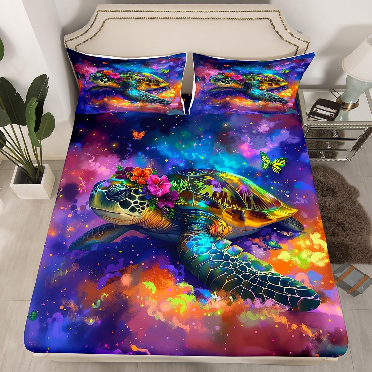 Sea Turtle Full Size Fitted Sheet,Tropical Flowers Marine Life Tortoise 3 Pieces Kids Teenager Room Decor Starry Purple Sky Galaxy Glitter Pocket 2 Pillowcases