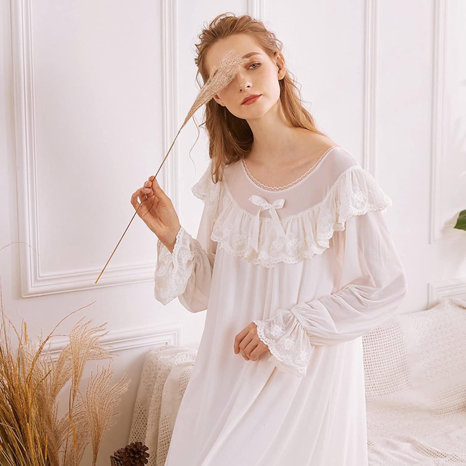 OFFSUM Women's Long Sleeve Nightgown - Spring Summer Round Neck Nightgown White Lace Mesh Dress Elegant Vintage Princess B