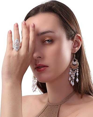 Miniatura 2 de QOBEBOTA Anillos gruesos de oro plateado para pulgar, anillo bohemio de flor de filigrana, banda ancha de dedo completo para mujer, anillos