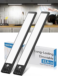 HIBOITEC Luz Armario Sensor Movimiento, Regulable Luz Cocina Bajo Mueble Adhesiva Sin Cable, 70LED 2500mAh Recargable Luz Nocturna para Gabinete, Pasillo, Escalera, Cocina (Luz Blanca Fría, 33,5CM)