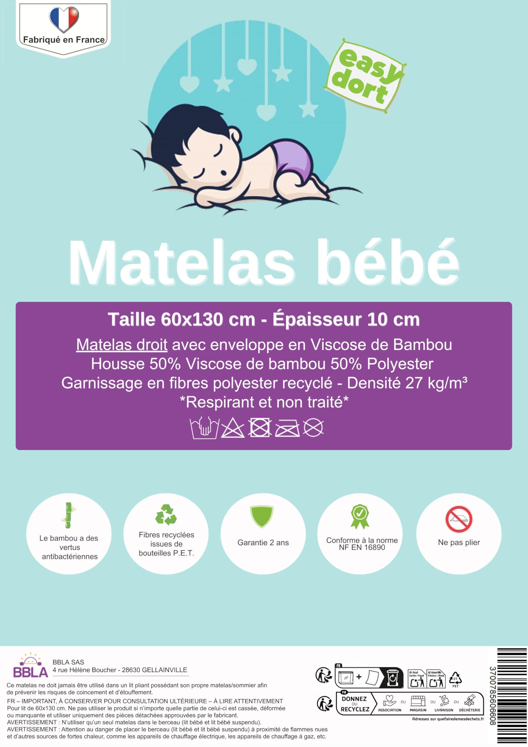 Easy Dort Materac dziecięcy 60x130 cm | Kołyska lub łóżeczko dziecięce | Wyprodukowano we Francji | Antybakteryjny | Lato i Zima | Dwustronny | Bardzo wygodny | Bambusowy Pokrowiec | Oeko tex® | Biały