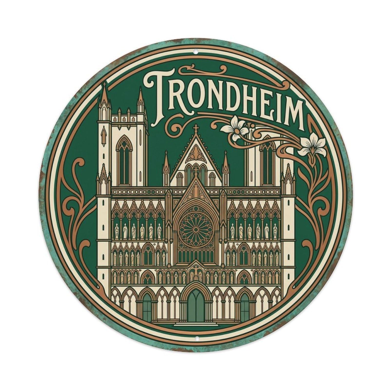 Vintage Travel Trondheim Norway Cathedral Metal Tin Sign Plaque Wall Decor for Cafe, Club Bar, Office, Home Garden Round Metal Poster 8x8Inch
