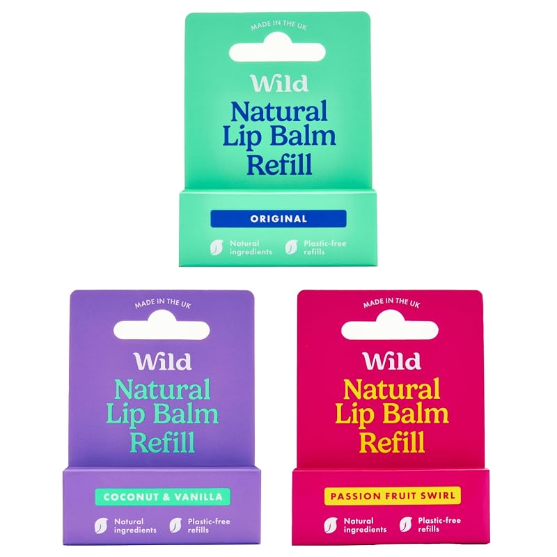 Wild Bálsamo Labial Recarregável, Pacote com 3 Refil, Aromas Maracujá, Original e Coco com Baunilha, Sem Cera de Abelha