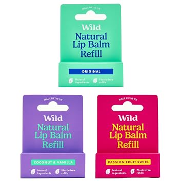 Wild Refillable Lip Balm - 3 Pack of Lip Balm Refills in a Variety of Scents - Includes Passionfruit Swirl, Original and Coconut & Vanilla Scents - Beeswax Free