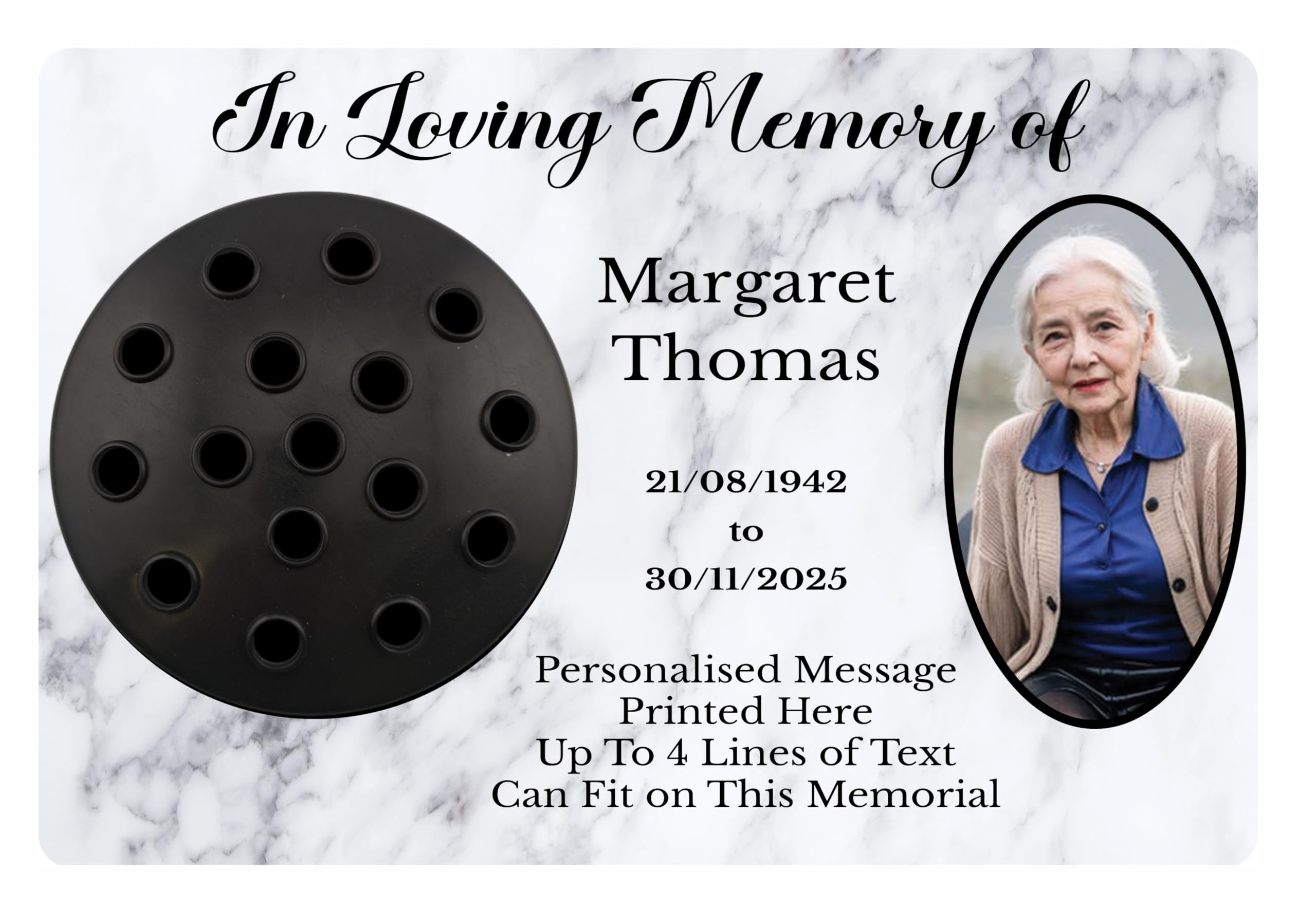 1stclassgifts [Custom] Personalised Metal Grave Stone Marker Headstone Memorial Plaque, In Memory Sign Remembrance Your Photo Vase Flower Holder Grave Pot (UV PRINTED) (White Marble)
