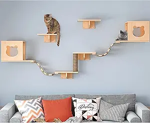 PETKABOO Cat Wall Furniture, Cat Wall Shelves, Floating Cat Wood Climb Furniture, Cat Wall-Mounted Playing Climber, 2 Cat Houses & 4 Cat Shelves & 2 Ladders & 1 Cat Scratching Post