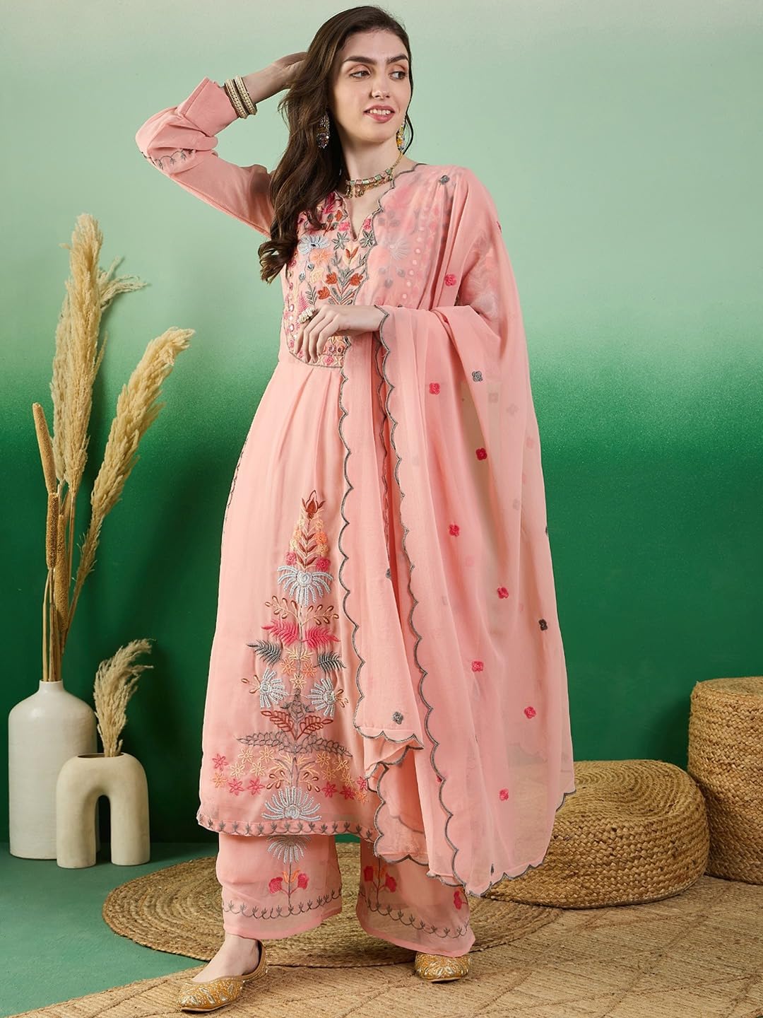 Fashion Basket Georgette Straight Floral Plazzo Kurta Set Peach