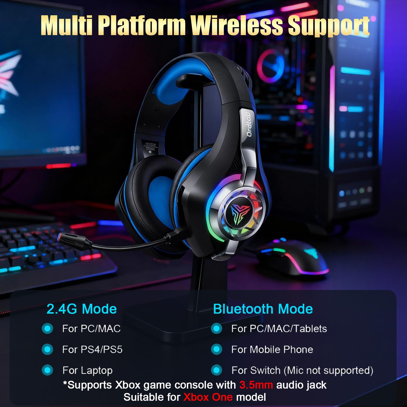 Ordtop 2.4GHz Wireless Gaming Headset for PC, PS5, PS4–Low Latency Bluetooth 5.4 Headset with ENC Noise Cancelling Mic, 7.1 Surround Sound, 40H Playtime, Ultra-Lightweight 276g (Wired Mode for Xbox) - 3
