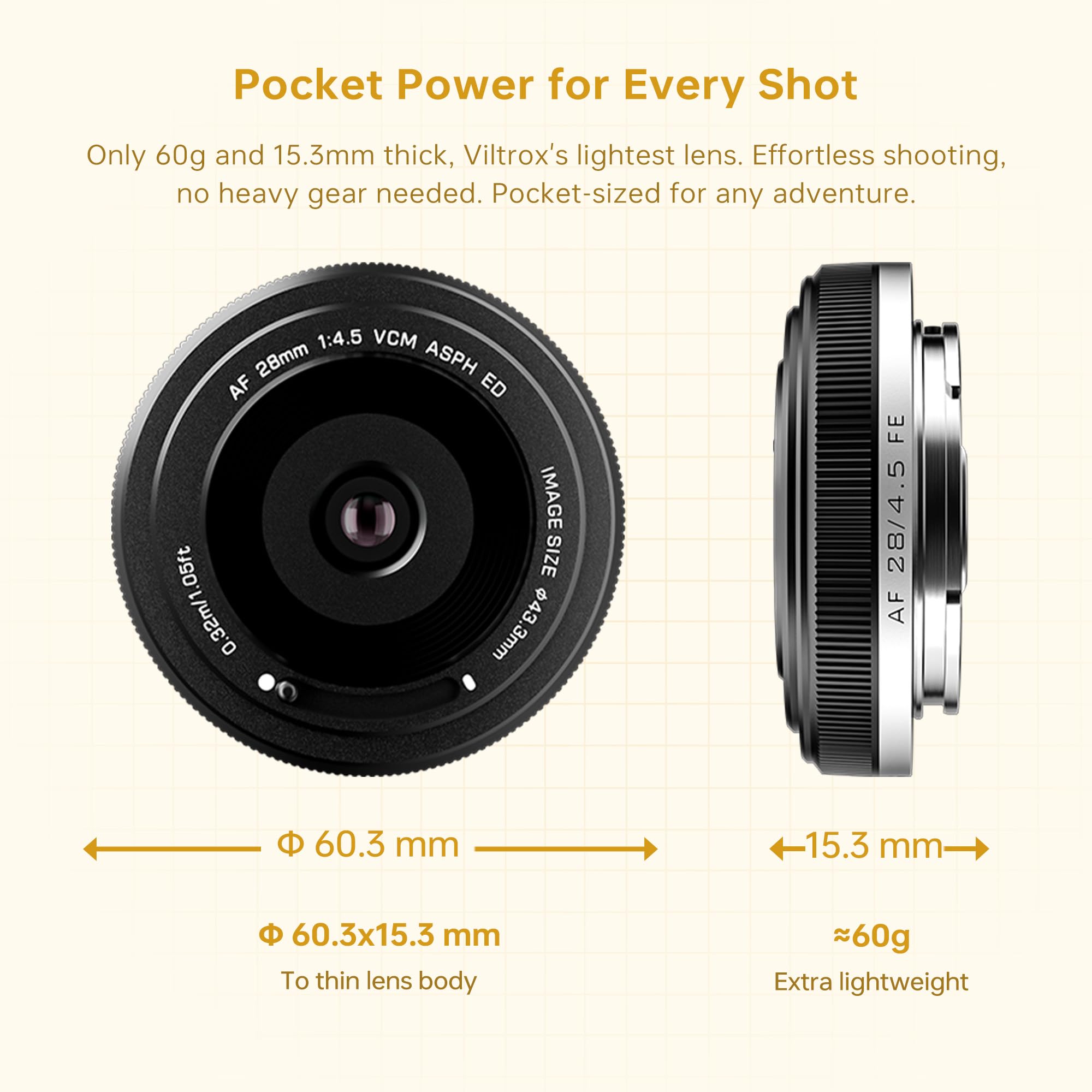 VILTROX Obiektyw naleśnikowy 28 mm F4.5 do Sony E, układ autofokusowy, pełnoklatkowy, szerokokątny, kompatybilny z aparatami Sony E, a7cr a7cii a7c a6700 zv-e100 a6600 a6400 a7iv a7iii