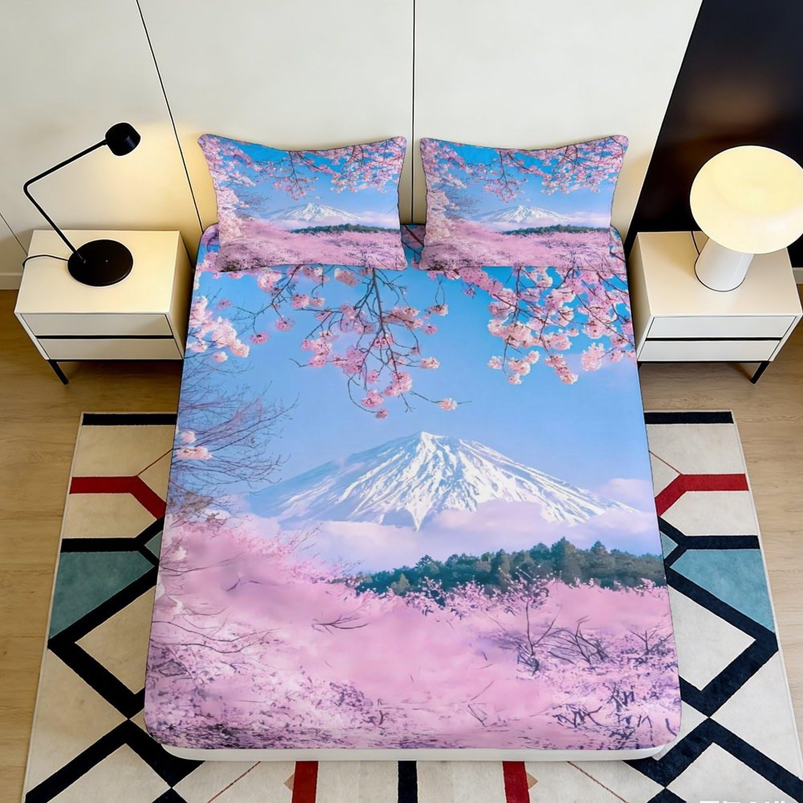 3D Printed Sakura Blossom Fitted Sheet Microfiber Soft Mount Fuji Bed Cover for Bedroom Guest Room Mattress Decor 90x200x25cm