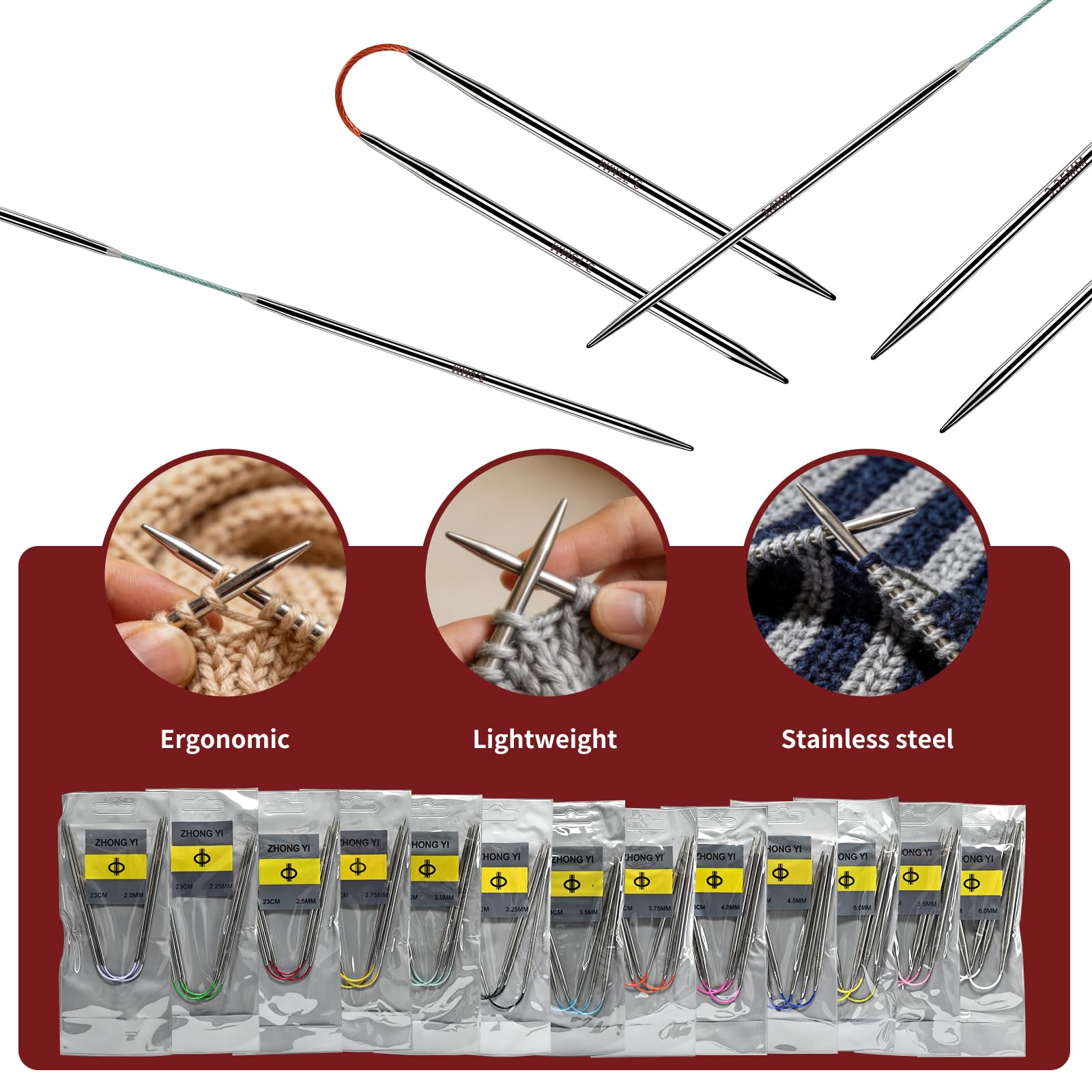 Soosui Okrągłe igły dziewiarskie 2,75 mm US2, 3-pak 9-calowych (23 cm), podwójnie spiczaste, elastyczne okrągłe igły, kabel 3 cm, trwałe i gładkie do swetrów, skarpet, czapek i innych projektów