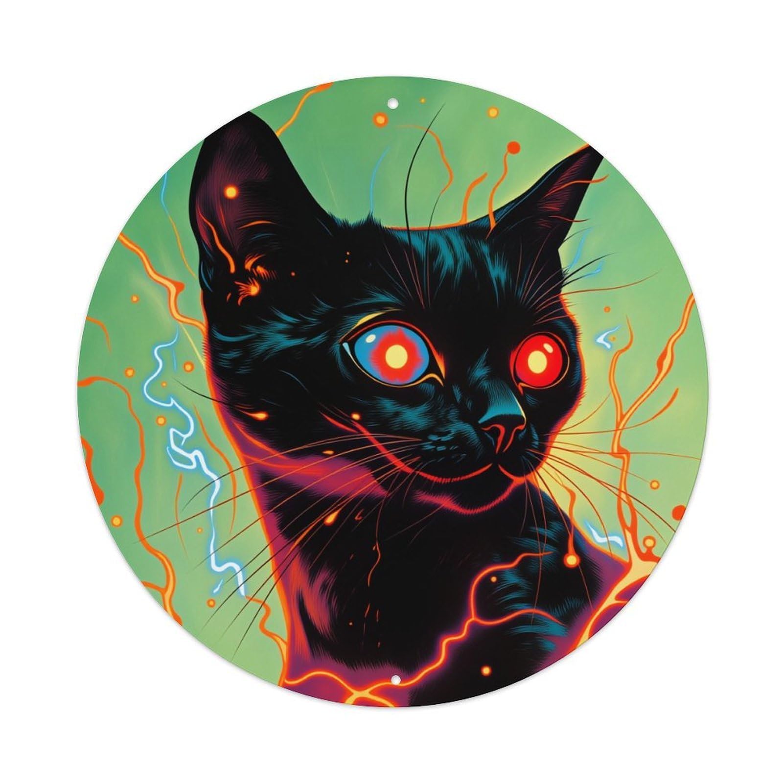 Electric Black Cat With Glowing Eyes Round Tin Sign Vintage Style Metal Sign Home Bar Garden Wall Plaque Decor Metal Poster 8x8 Inch