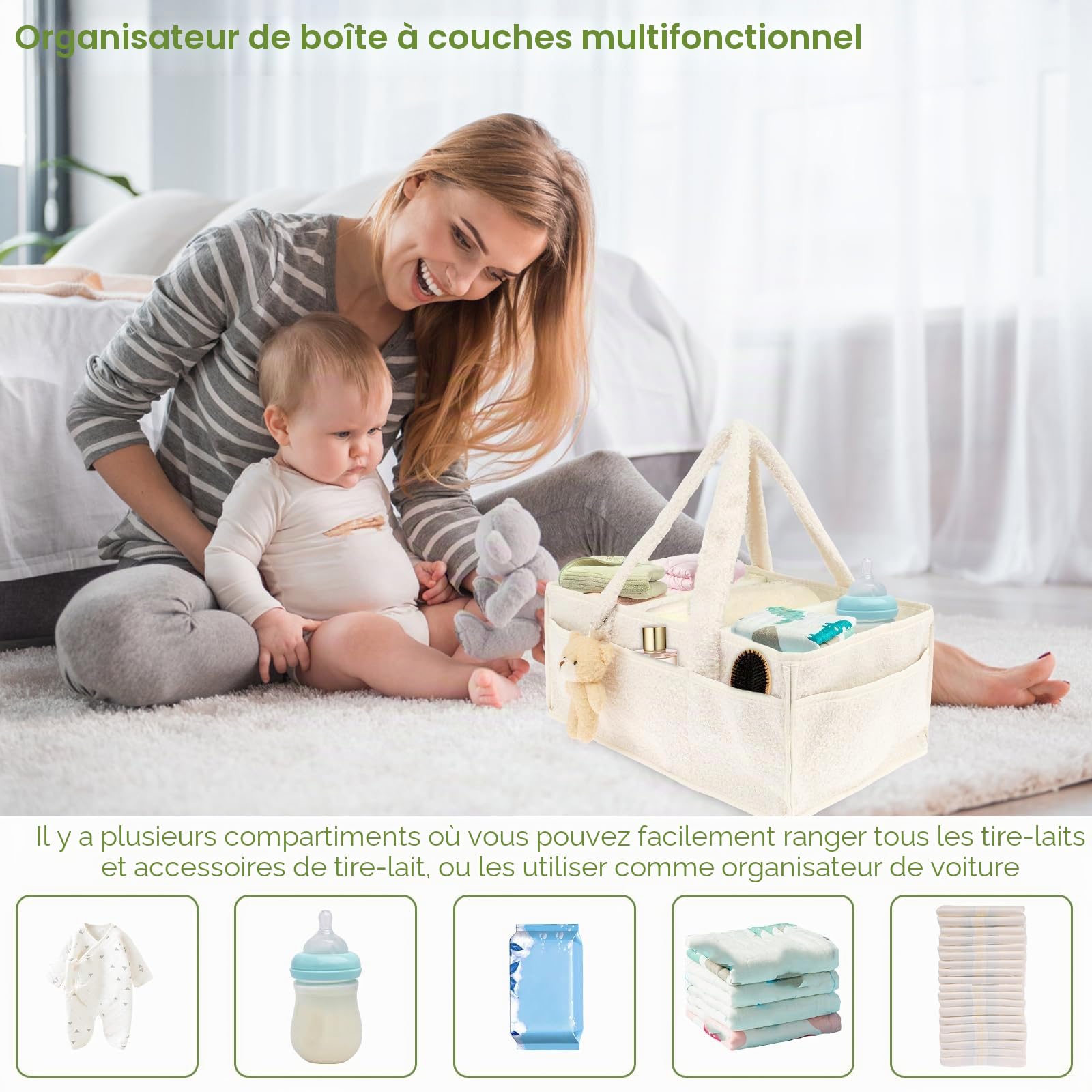 Organiseur de couches pour bébé avec séparateurs amovibles - Panier de rangement portable en feutre pour chambre d'enfant - Sac à lingettes pour tout-petits - Cadeaux essentiels pour