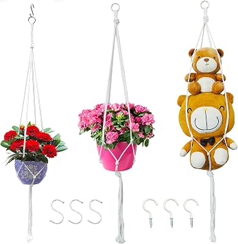 Macrame Plant Hangers Planter Flower Pots Holder 3 Pack Basket Stand Tassels with 6 Hooks Kit Cotton Rope for Decorative Indoor Outdoor Patio Garden Boho Home Decor POTS NOT Included WHITE