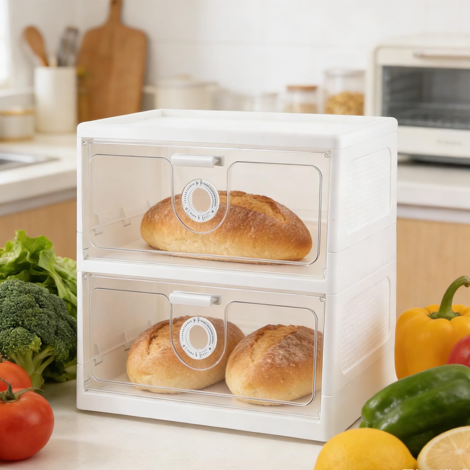 SHINEOFI Dwuwarstwowy pojemnik na chleb do blatu, składany pojemnik do przechowywania, przezroczysta szafka z organizerem do szuflady, do blatu kuchennego, domowe muffiny z bajgla