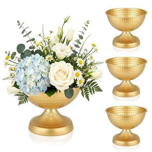 AURABEE Gold Compote Vase Set of 4, Pedestal Gold Vases for Centerpieces Metal Urn Flower Pot Vase Pack, Electroplated Rust-Proof Compote Pedestal Vases for Wedding Centerpieces- 5.9 Inches