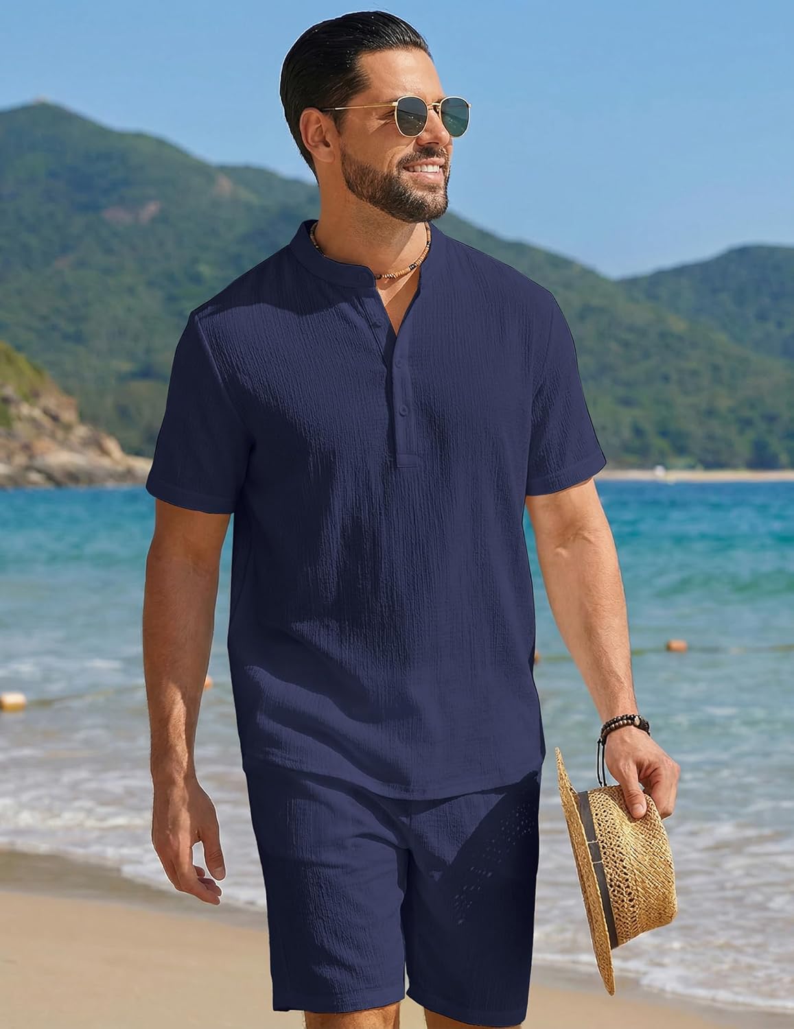 COOFANDY Men's 2 Piece Summer Beach Outfits, Textured Casual Henley Shirt and Shorts Set - Image 2