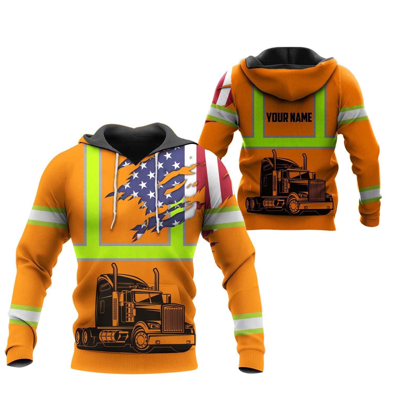 Personalized Name High Visibility Hoodie for Men - Custom Reflective Hoodies with US Flag and Truck - Reflective Unisex Hoodie for Family Friends Co-worker Who Loves Truck - 8 Sizes from S to 5XL