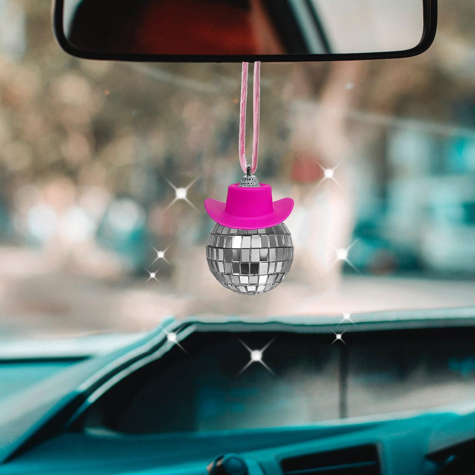 Pink Disco Ball Car Accessory,Car Disco Ball,Pink Car Accessories for Women,Disco Car Charm,Disco Ball Car Mirror Ornament,Mini Disco Ball for Car,Car Disco Ball Decor,Disco Cowgirl Car Charm