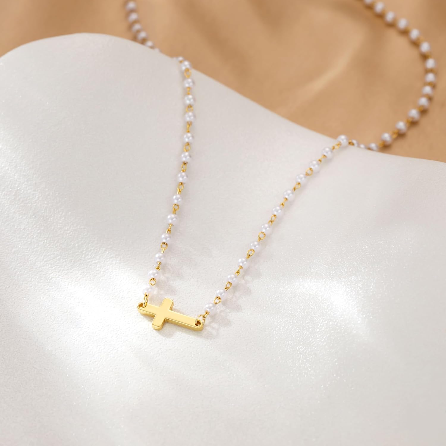 CHESKY Cross Necklace for Women Trendy, Dainty 14K Gold Plated Pearl Cubic Zirconia Cross Pendant Necklace for Womens Simple Diamond Cross Charm Necklace Waterproof Gold Jewelry for Women Gifts - Image 7