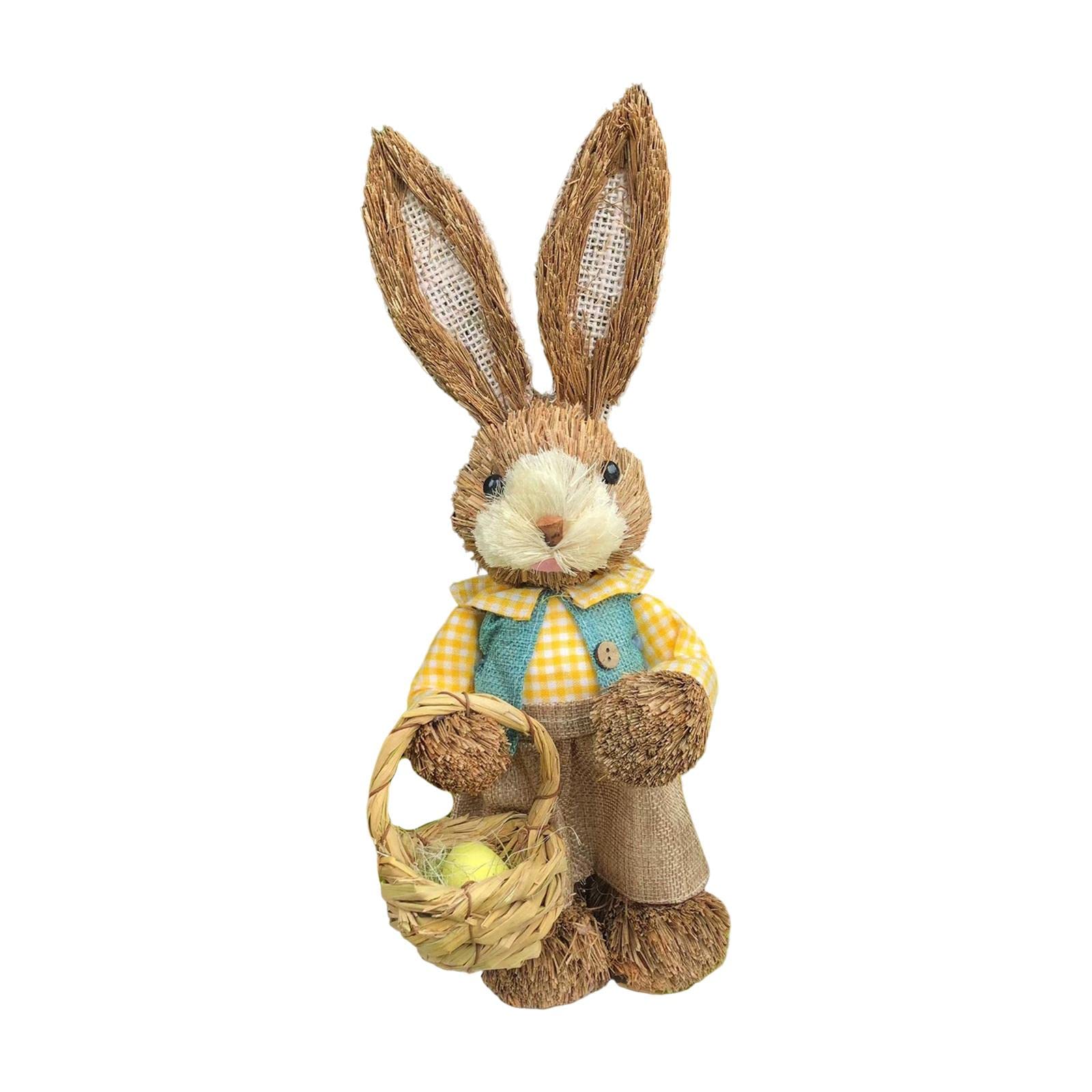 Lzvmlnqi Girls Yellow Clothes 35Cm Straw Rabbit Figurine Bunny Statue Easter Sculpture For Tabletop Decoration
