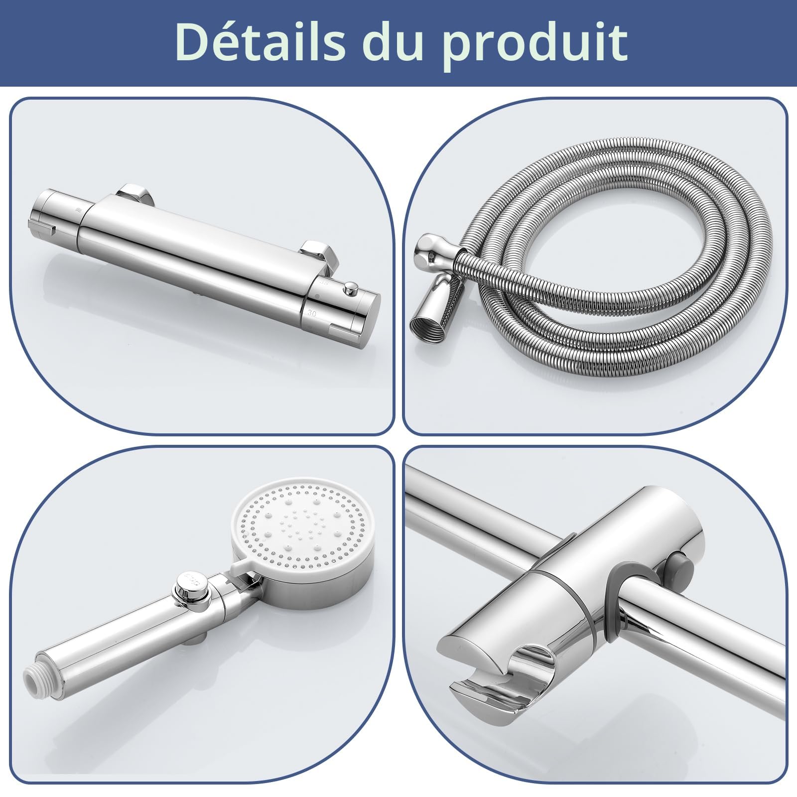 Mitigeur Thermostatique Ensemble de Douche, Bevankly Mitigeur Douche Thermostatique Mural, Colonne de Douche 635mm avec Flexible | Douchette 5 Jets | Support, Laiton, Chromé